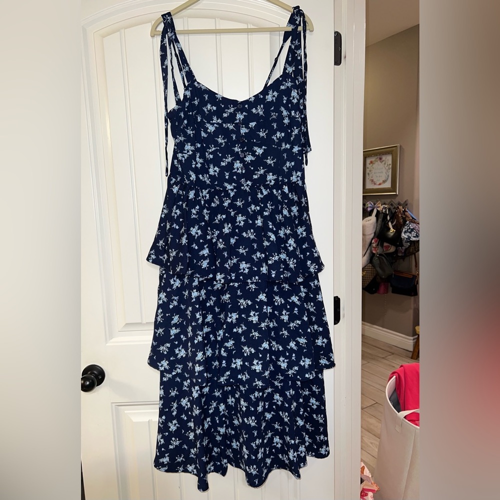 Altar'd State Navy Blue Floral Tiered Midi Dress